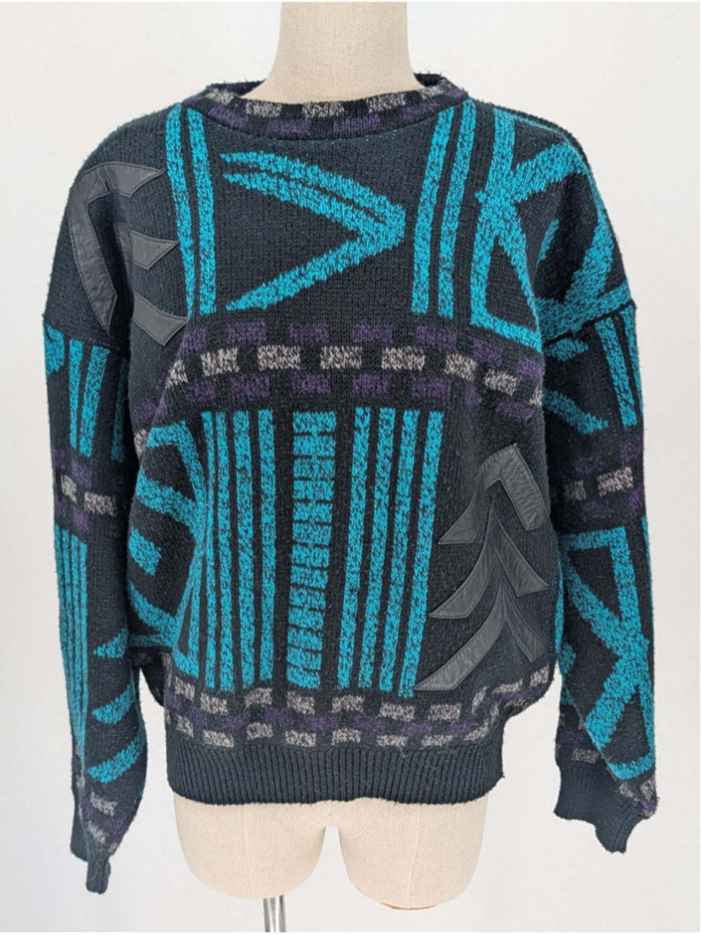 Vintage 80s Gabrielle Sweater M Geometric Leather Trim Teal Black Purple